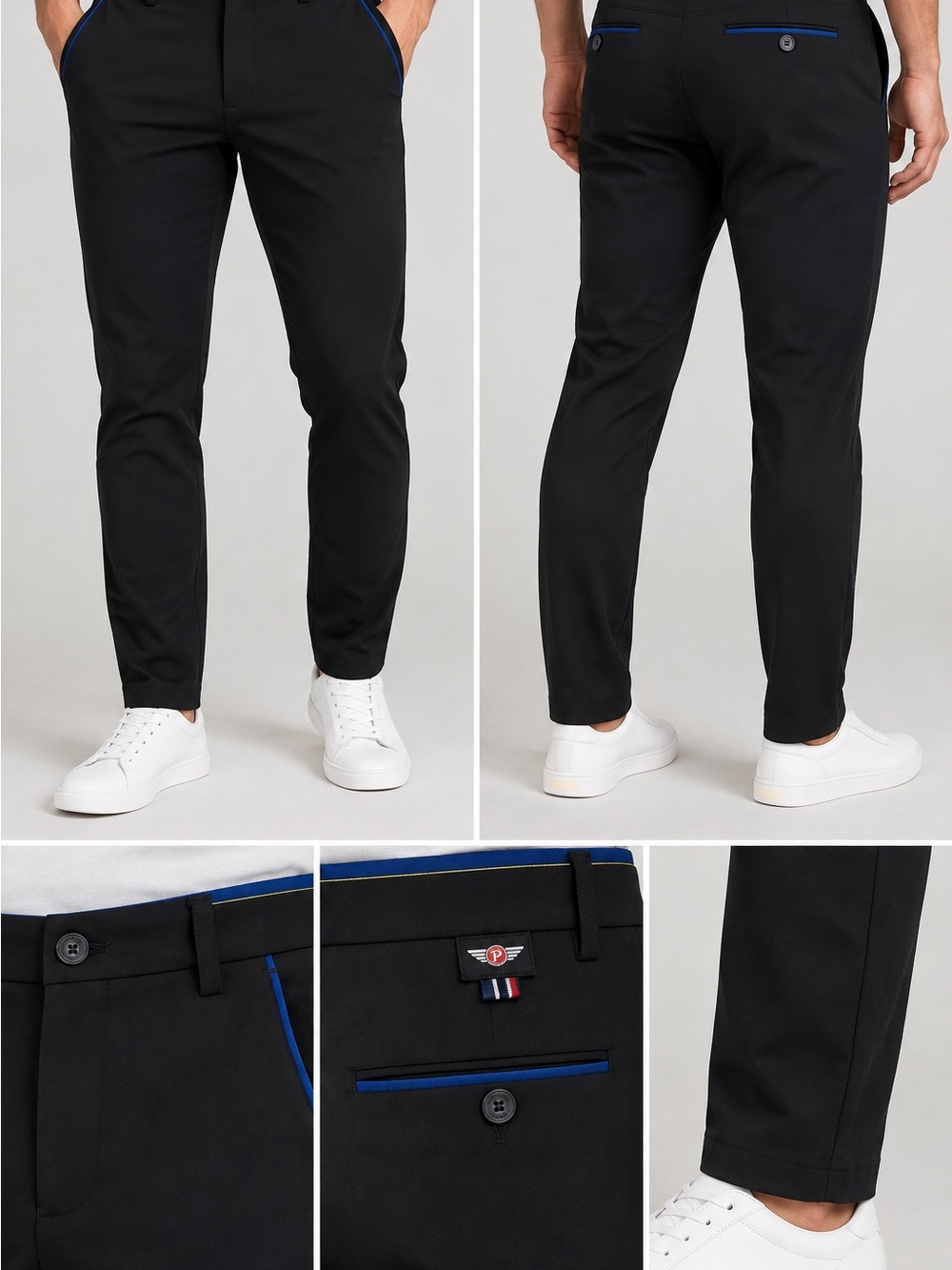 Plaid & Plain Slim Fit Black Chinos with Blue Trim